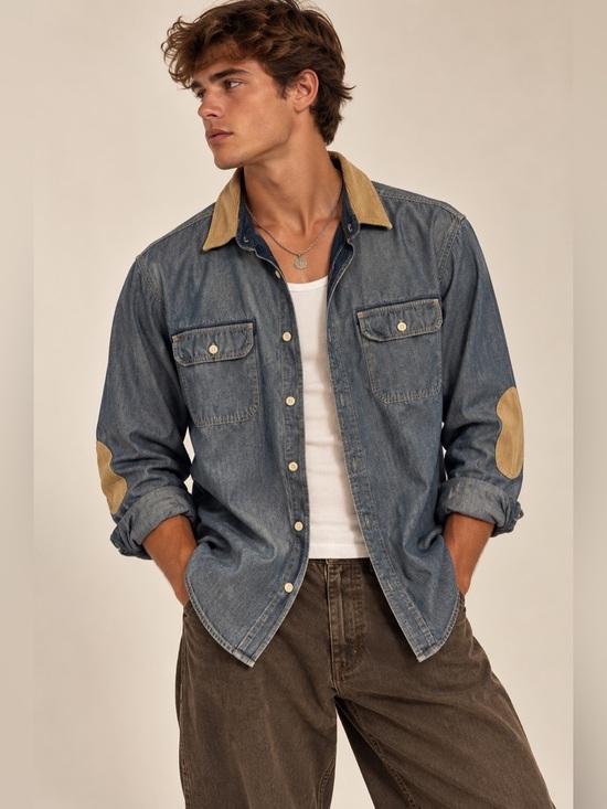 Nautica Other - Nautica Mens Denim Chambray Shirt Corduroy Collar Elbow Patches Workwear XL